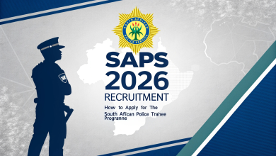 SAPS recruitment poster for the 2020 Police Trainee Programme, highlighting application details for 2025/2026.